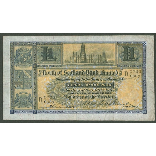 51 - Banknotes; Scotland; North of Scotland Bank; 1924 (1 Mar.) £1 note, F (good colour and appeara... 