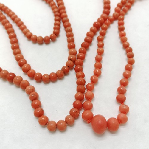 35 - 2 x antique coral bead necklaces - longest 100cm