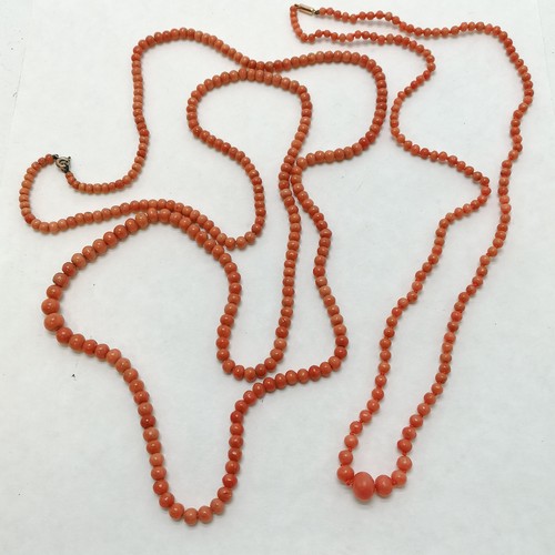 35 - 2 x antique coral bead necklaces - longest 100cm