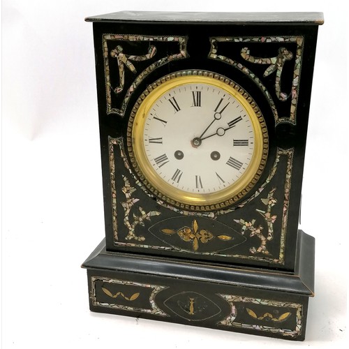 14 - Antique French ebonised and mother of pearl decorated clock with a gong strike movement with key - 3... 