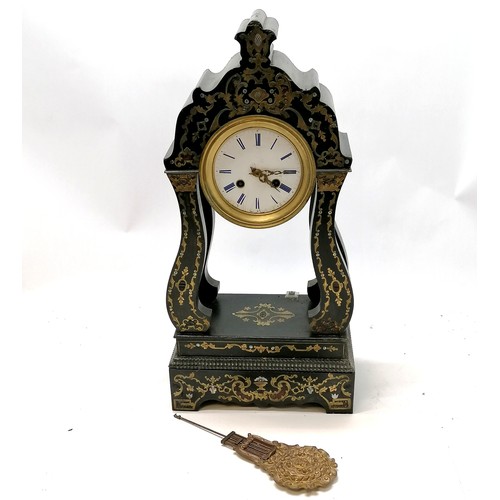 15 - Antique French ebonised portico clock with boule work to case & bell strike - 49cm high & runs ~ has... 