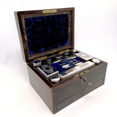 31 - Antique Coromandel and brass inlaid travelling toilet box with original key and silver plated fittin... 
