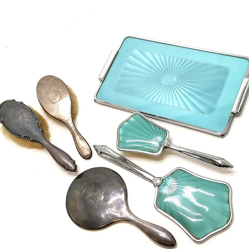 58 - Silver hand mirror (25cm) & 2 hair brushes (all slight a/f) t/w vintage 3 piece dressing table set