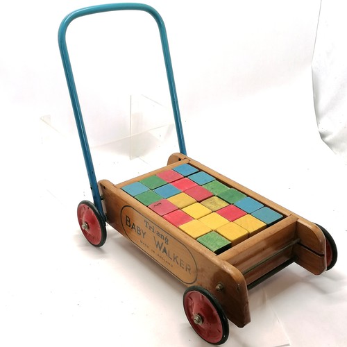 55 - Triang baby walker with coloured wooden blocks (base 48cm x 32cm) - lacks locking bar for handle t/w... 