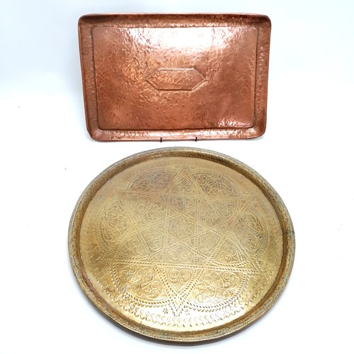 83 - Middle Eastern tray (45cm diameter - has split) t/w rectangular hammered copper tray