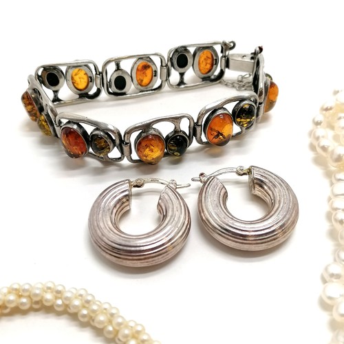 185 - Silver & amber bracelet, pair of silver hoop earrings (total weight 34g) t/w 2 pearl necklaces - 1 w... 