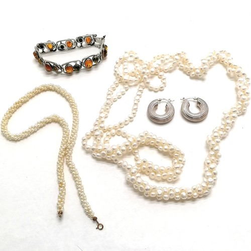 185 - Silver & amber bracelet, pair of silver hoop earrings (total weight 34g) t/w 2 pearl necklaces - 1 w... 