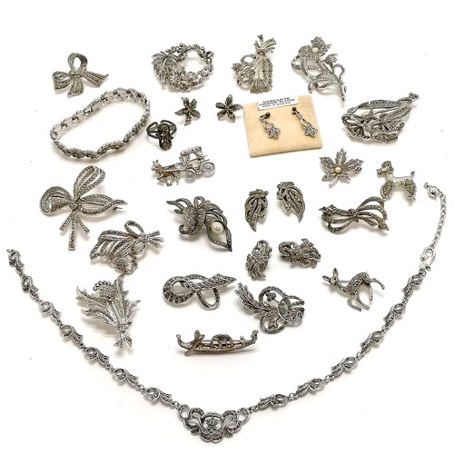 270 - Qty of marcasite stone set jewellery inc brooches (poodle, deer, gondola), necklaces, bracelet, earr... 