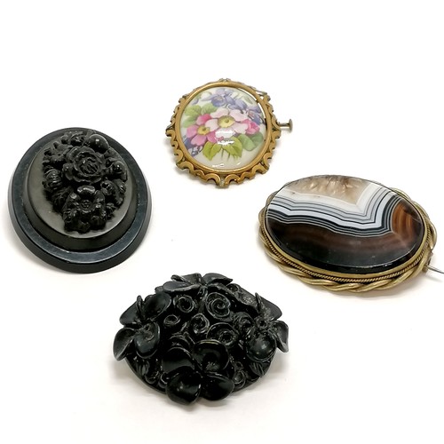 272 - 4 x antique brooches inc Limoges, Vulcanite, banded agate (5.5cm across & with slight natural fault)