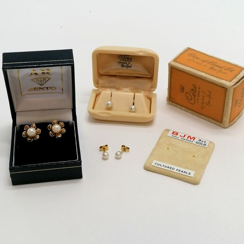 292 - 3 x pairs of 9ct gold pearl earrings inc Ciro pair in original Ciro box / sleeve ~ total earrings we... 