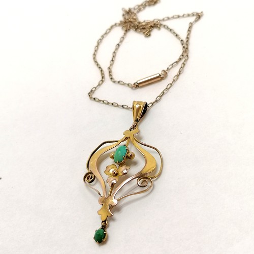 321 - Antique 9ct marked gold Art Nouveau pendant set with turquoise (drop 4.5cm) on an antique 40cm gold ... 