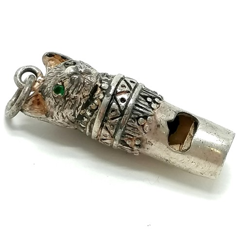 402 - Novelty whistle, sterling silver cat head (set with green stone eyes & marcasite collar) - 8.7g & 3.... 