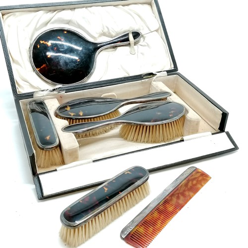 408 - Antique silver & tortoiseshell 6 piece dressing table set inc hand mirror (25cm), brushes & comb by ... 