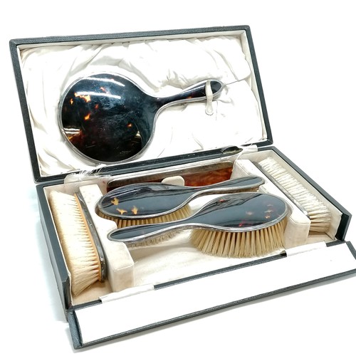 408 - Antique silver & tortoiseshell 6 piece dressing table set inc hand mirror (25cm), brushes & comb by ... 
