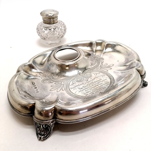 434 - Victorian silver based inkstand with dedication to Revd A P Robinson (1869 - Idle) - 22cm x 17cm & 3... 