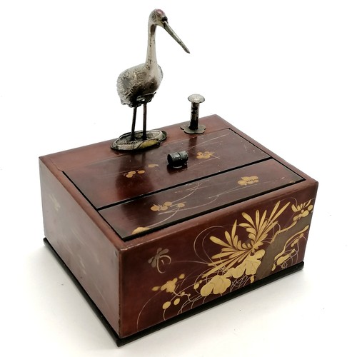 467 - Vintage oriental lacquer novelty cigarette box with mechanised crane action - box 14cm x 11cm x 7cm ... 