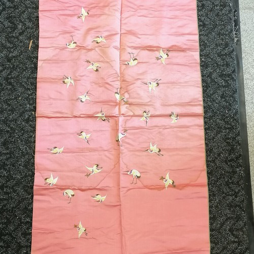 504 - Chinese pink silk fabric embroidered with storks - 100cm x 56cm ~ some water damage