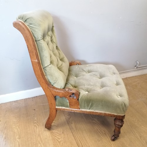 604 - Antique parlour/nursing chair with green button seat and back 90cm high