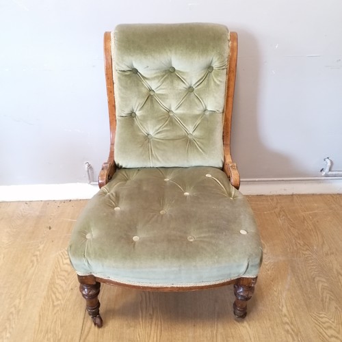 604 - Antique parlour/nursing chair with green button seat and back 90cm high