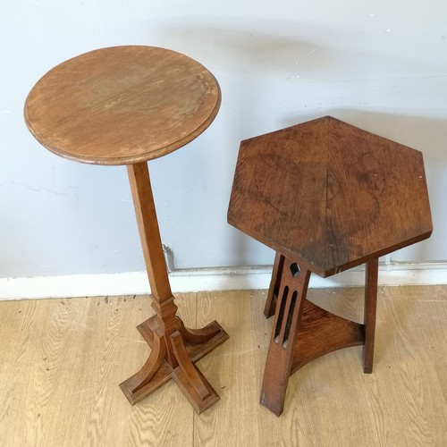 608 - Oak Arts and Crafts side table t/w oak plant stand 93cm high, both have marks to the tops