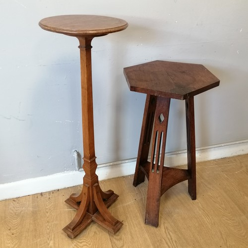 608 - Oak Arts and Crafts side table t/w oak plant stand 93cm high, both have marks to the tops