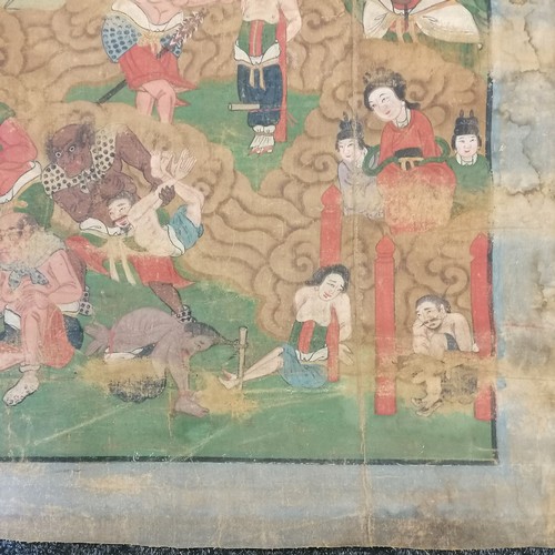 634 - Antique Chinese painting on canvas / hanging depicting hell and torture scenes - 155cm x 92cm ~ has ... 