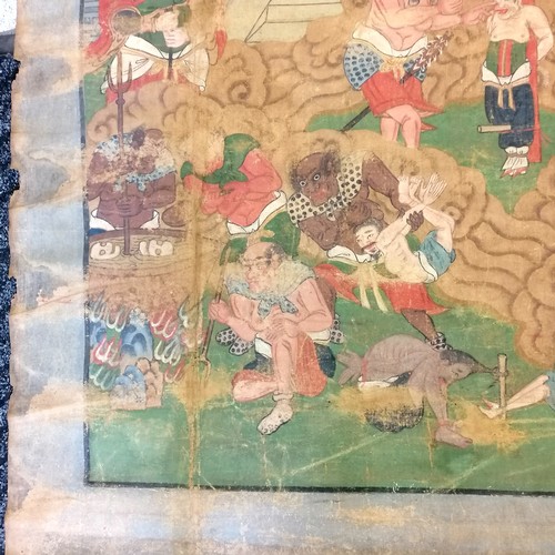 634 - Antique Chinese painting on canvas / hanging depicting hell and torture scenes - 155cm x 92cm ~ has ... 