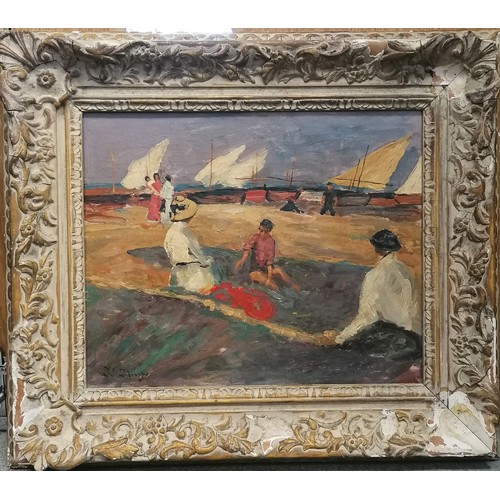 654 - Framed oil painting on panel of a beach scene with boats signed lower left - 69cm x 60cm ~ losses to... 