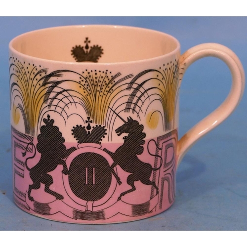 A Queen Elizabeth Ii 1953 Wedgwood Coronation Mug By Eric Ravilious On White Pink And Yellow Ground