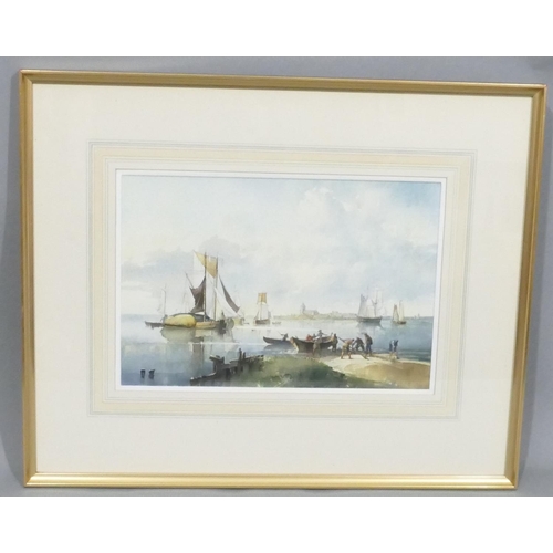 Peter J Ashmore marine watercolour depicting figures on shore, rowing