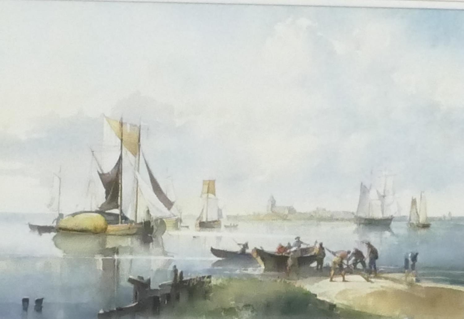 Peter J Ashmore marine watercolour depicting figures on shore, rowing