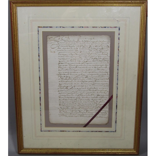 1830 - A 17th century marriage contract 30cm x 20cm (framed)