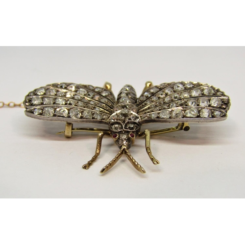 1339 - Fine Victorian butterfly brooch set with graduated diamonds and ruby eyes, 4.5 W x 3.9cm L approx, c... 