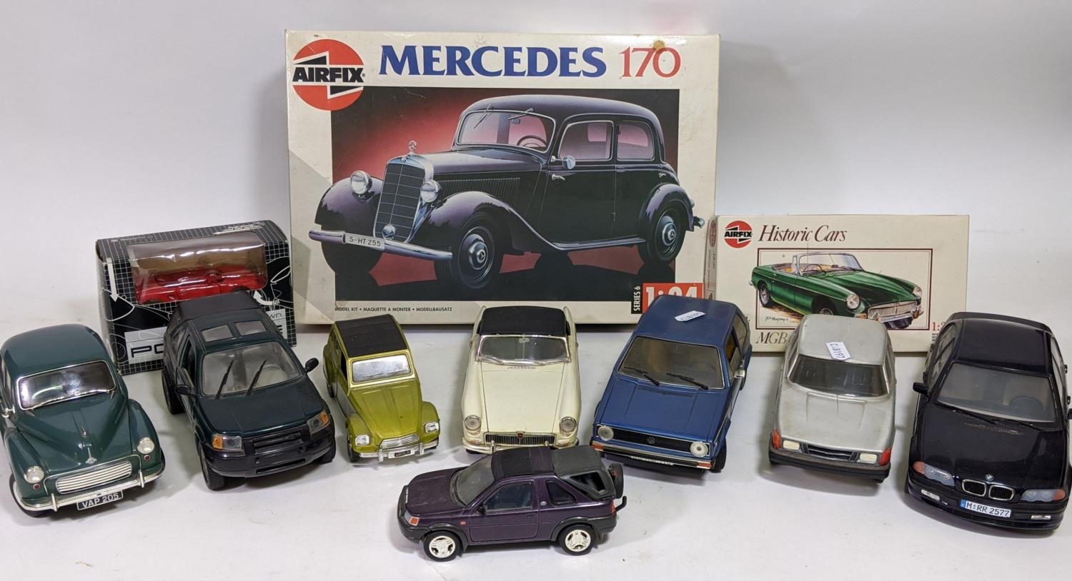 3 boxed kits: Airfix Mercedes 170 1:24 scale, Airfix MGB 1:32 and ...
