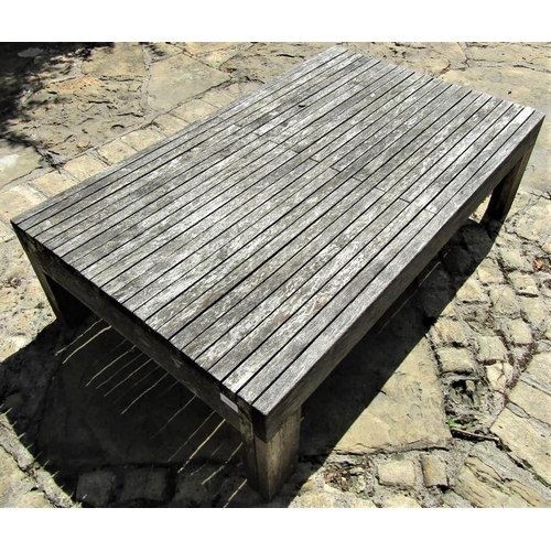 2 - Good quality weathered teak low garden occasional table with slatted top, 115cm x 70cm x 33cm