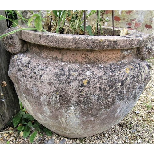 24 - Pair of re-constituted stone urns with scrolled handles