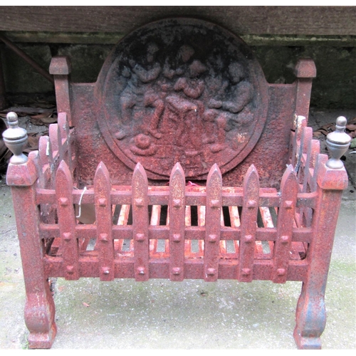 1516 - A small weathered cast iron fire basket of rectangular form with trellis frieze and urn finials, 42c... 