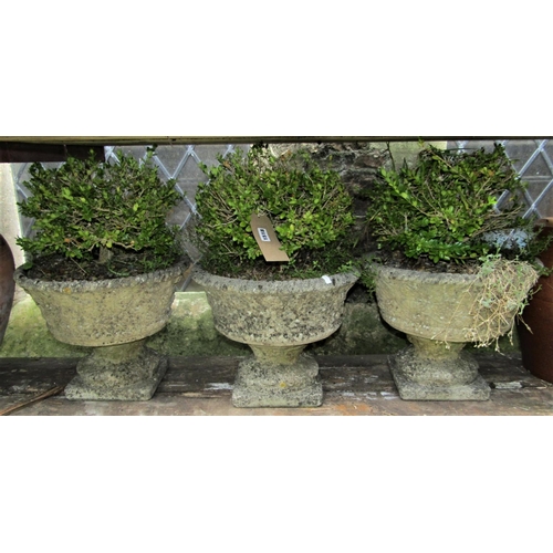 1518 - A set of three small reclaimed garden urns, the squat circular tapered bowls with repeating leaf des... 