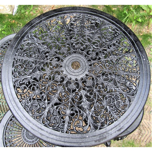 1547 - A small cast aluminium garden terrace table with decorative pierced scrolling acanthus circular top,... 