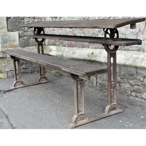 1515 - An antique school desk for four pupils, stepped form, with stained pine plank seat and adjustable pl... 