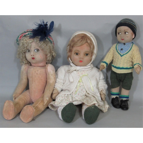31 - 3 character dolls each with a moulded felt face and painted features. Smallest is Lenci type with si... 