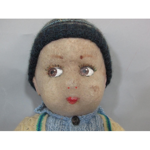 31 - 3 character dolls each with a moulded felt face and painted features. Smallest is Lenci type with si... 