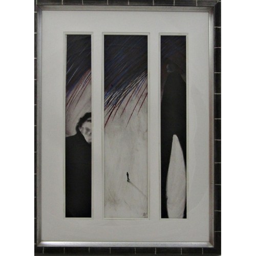 7 - Mackenzie Thorpe (B.1956) - 'In The Rain', monogrammed, pastel, triptych, Halcyon Galleries label ve... 