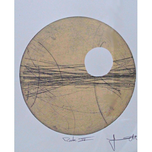 98 - 20th century school - Pair of abstract colour etchings of circular form, titled Rock IV, indistinctl... 