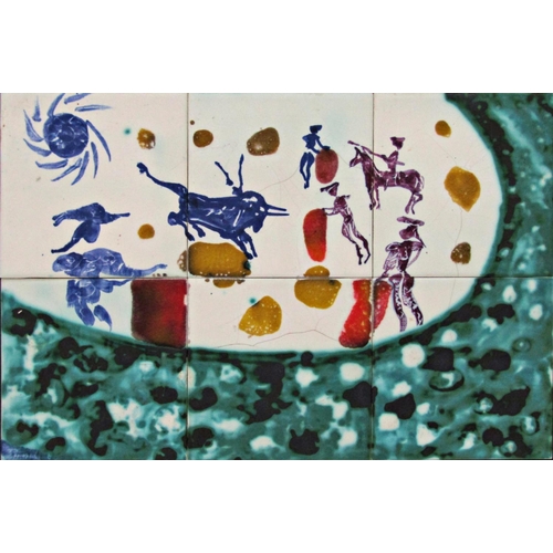 85 - In the manner of Salvador Dali - A bull fighting scene, painted on six ceramic tiles, 31 x 46cm in t... 