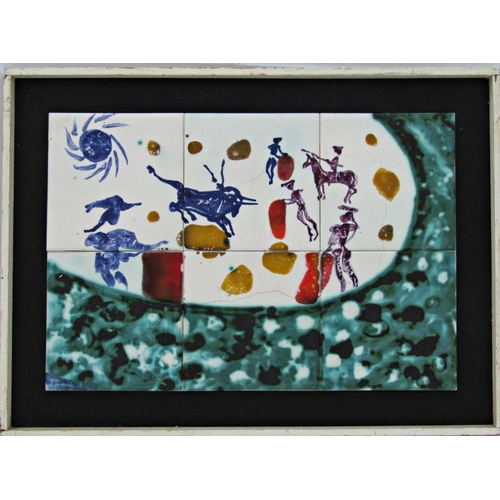85 - In the manner of Salvador Dali - A bull fighting scene, painted on six ceramic tiles, 31 x 46cm in t... 