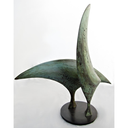 166 - Bridget McCrum (B. 1934) - 'Two Knife Birds', patinated bronze sculpture, 70cm high x 73cm long