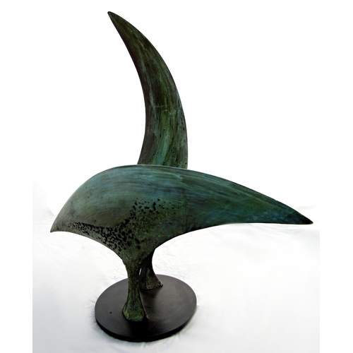 166 - Bridget McCrum (B. 1934) - 'Two Knife Birds', patinated bronze sculpture, 70cm high x 73cm long