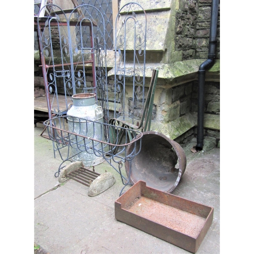 2007 - One lot of various vintage and later iron work to include a pair of simple strapwork bench ends, pla... 