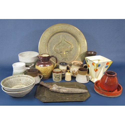 1003 - A collection of studio pottery and other ceramics including a pottery tankard with abstract inscript... 